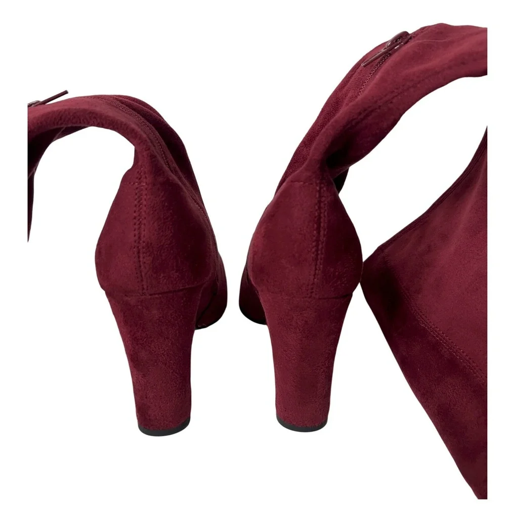Burgundy Faux Suede Over‎ The Knee Block Heel Boots Pointed Toe Wine Red Size 7